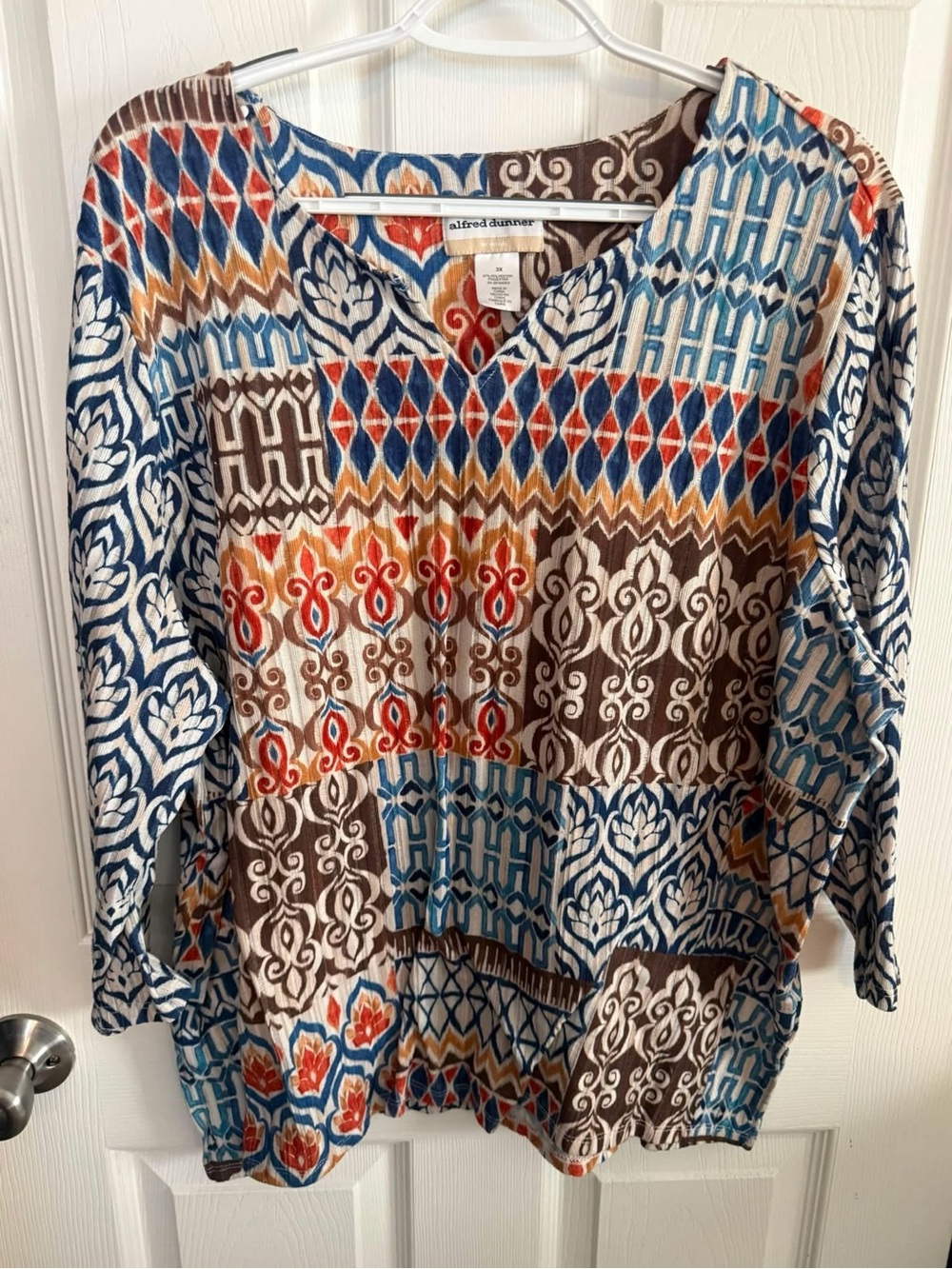 Alfred Dunner Blue, Brown and Red Patchwork Print V-Neck Tunic